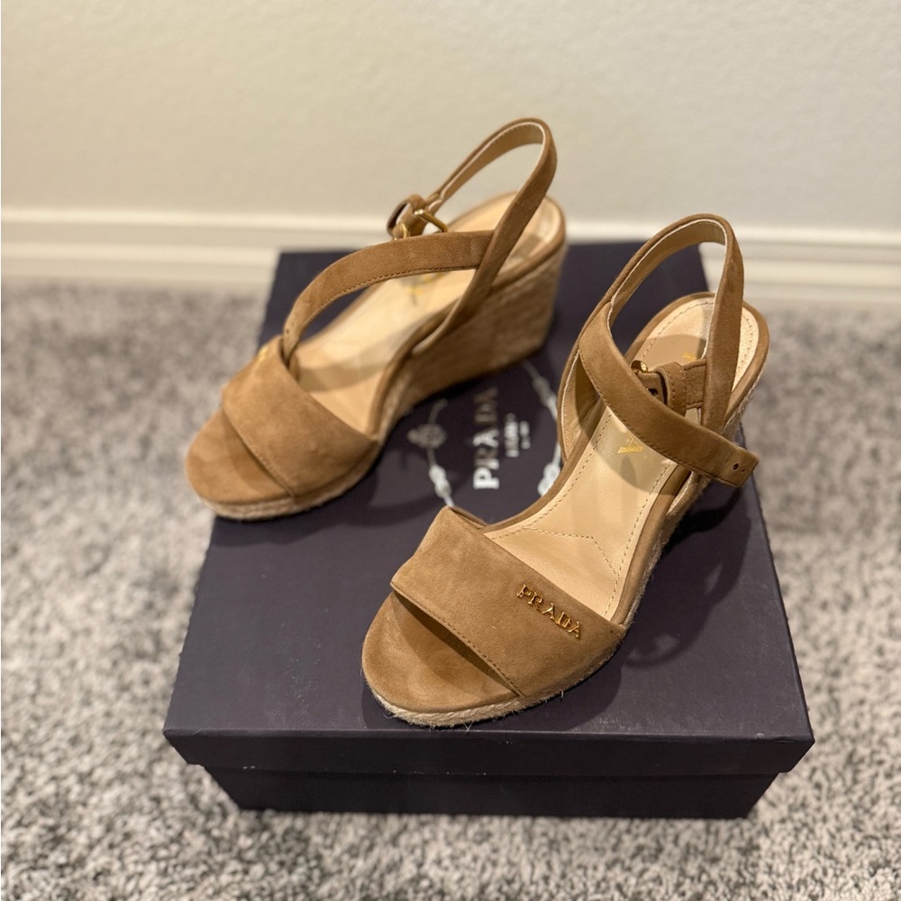 Prada Tan Suede Wedge Sandals